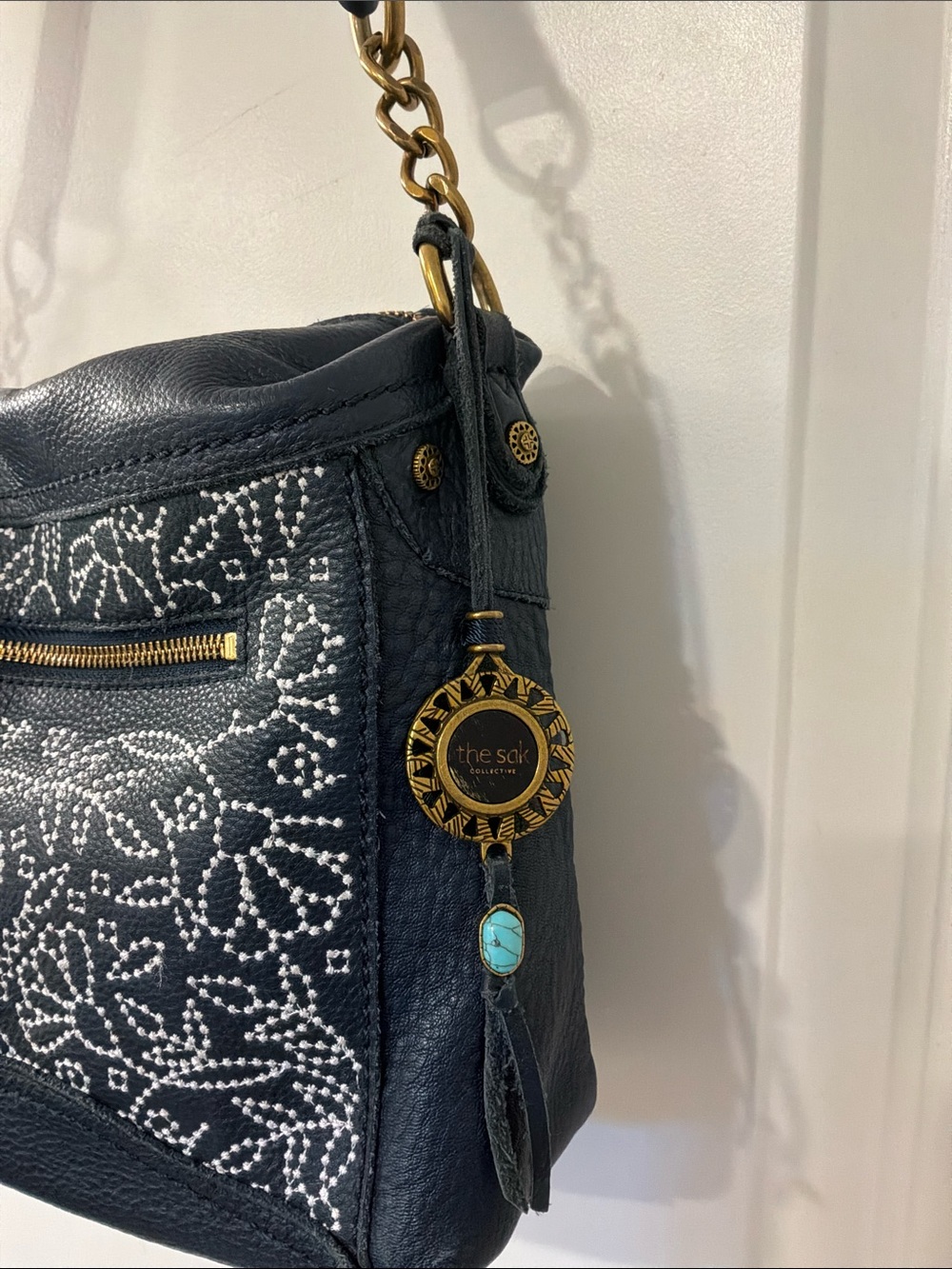 The Sak Navy Floral-Embroidered Leather Shoulder Bag